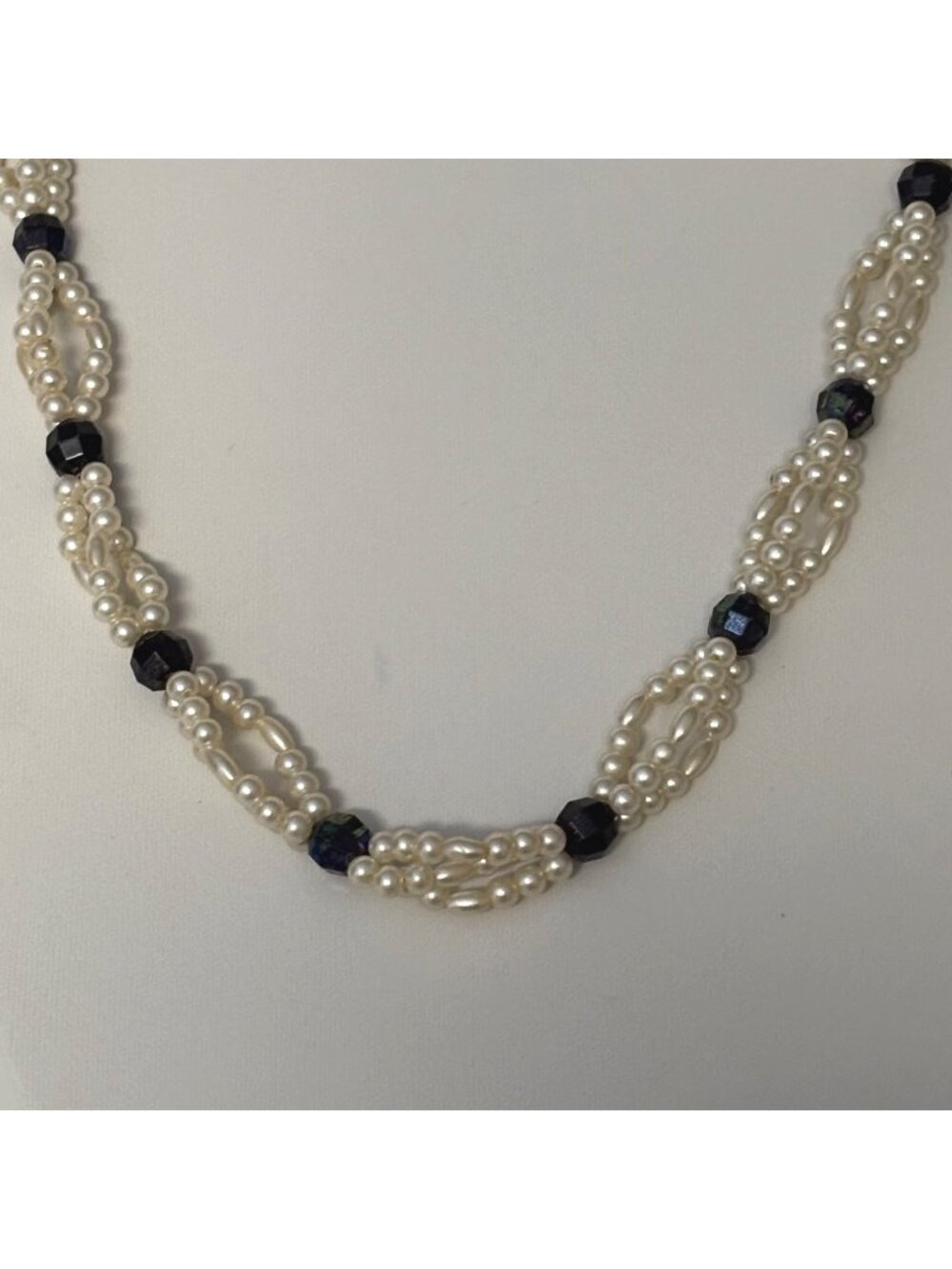 Handcrafted White Faux Pearl Black Bead Necklace Twisted Multi-Strand Jewelry